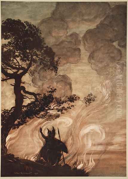 As he moves slowly away, Wotan turns and looks sorrowfully back at Brunnhilde, illustration from The Rhinegold and the Valkyrie, 1910 Oil Painting by Arthur Rackham