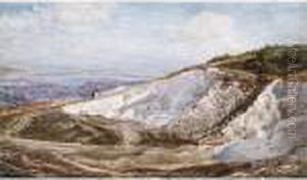 A Figure Climbing A Hill With A Distant View Beyond Oil Painting by Henry Moore