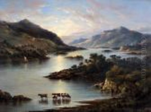 River Landscape With Inlet And Cattle Watering Oil Painting by John Moore Of Ipswich