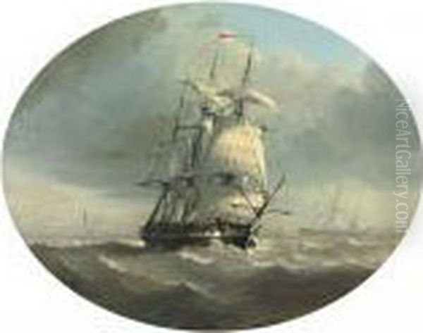 A Three-master And Other Shipping In A Stiff Offshore Breeze Oil Painting by John Moore Of Ipswich