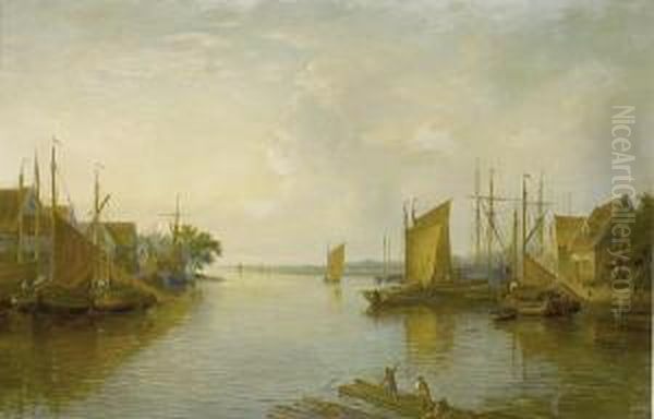 A View Of The Yare From Yarmouth Bridge Oil Painting by John Moore Of Ipswich