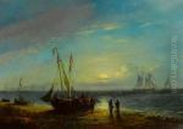 Moonlight, Aldeburgh Beach Oil Painting by John Moore Of Ipswich