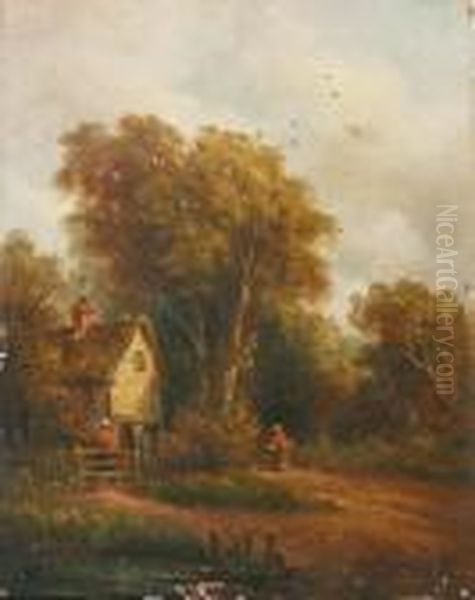 Figures Beside A Cottage In A Countrylane Oil Painting by John Moore Of Ipswich