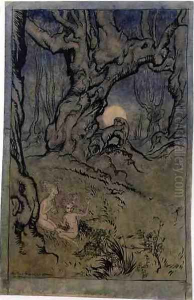 Moonlight Fairies in a Wood Oil Painting by Arthur Rackham