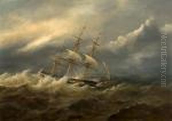 Rigged Ship In Rough Seas Oil Painting by John Moore Of Ipswich