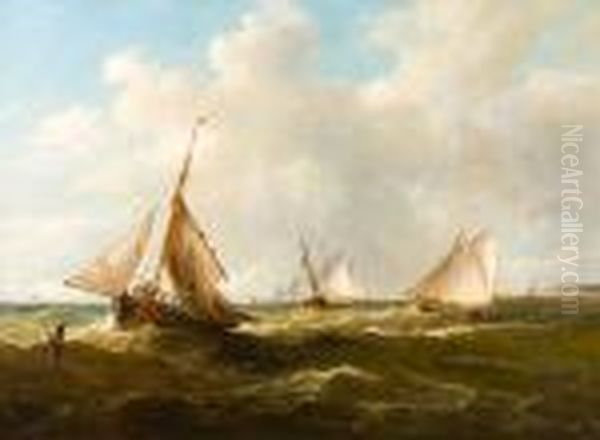 Bustling Shipping Scene Off The Coast Oil Painting by John Moore Of Ipswich