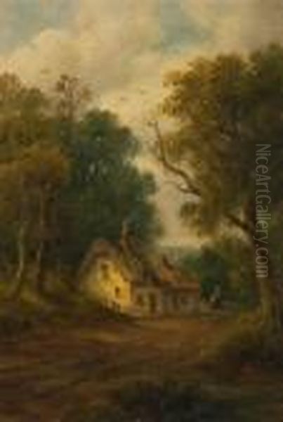 Figures And Cottage In A Wooded Lane Oil Painting by John Moore Of Ipswich