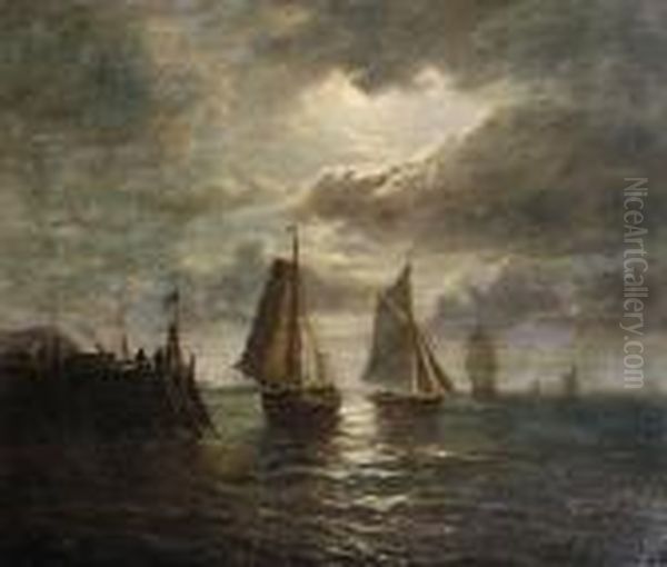 Moonlit Shipping Scene Oil Painting by John Moore Of Ipswich