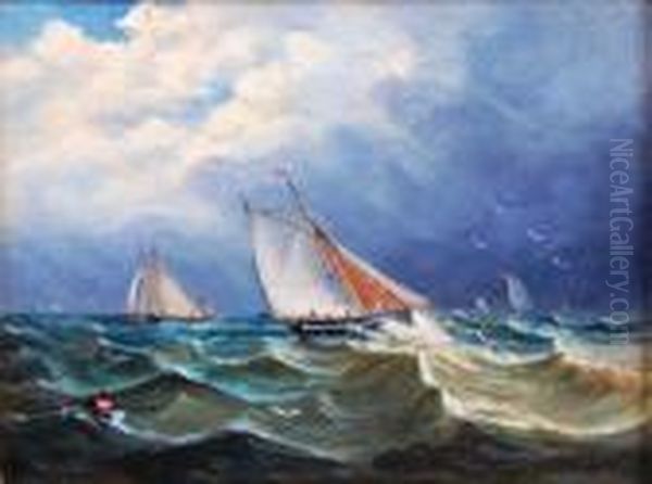 Sailing Boats On Choppy Seas by John Moore Of Ipswich