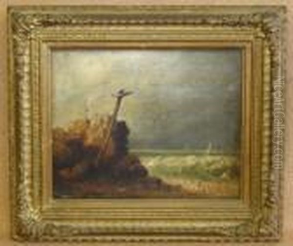 Rocky Coastal View With Distant Shipping Oil Painting by John Moore Of Ipswich