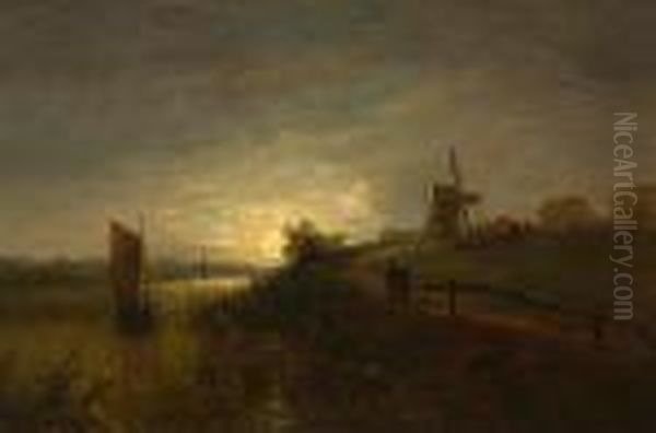 Moonlit River Landscape Oil Painting by John Moore Of Ipswich