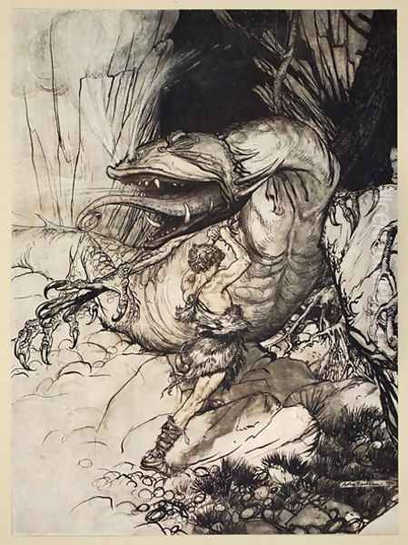 Siegfried kills Fafner, illustration from Siegfried and the Twilight of the Gods, 1924 Oil Painting by Arthur Rackham