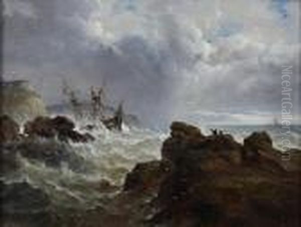 Shipwreck On A Stormy Coastline Oil Painting by John Moore Of Ipswich