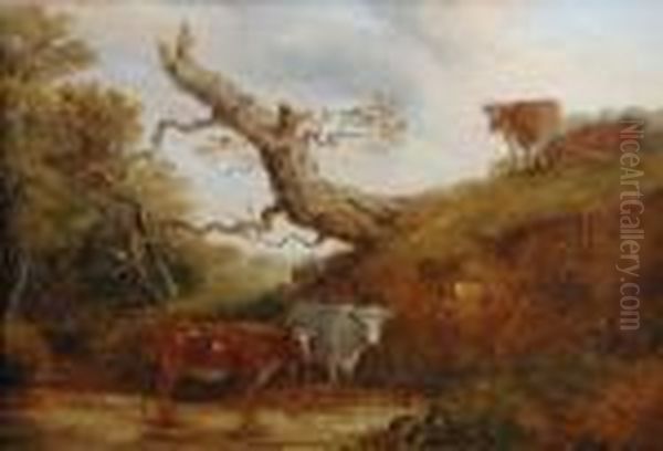 Cattle Watering In A Pond Oil Painting by John Moore Of Ipswich