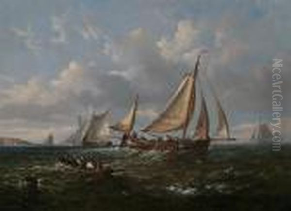 Dutch Fishing Boats And Other Vessels Off The Coast Oil Painting by John Moore Of Ipswich