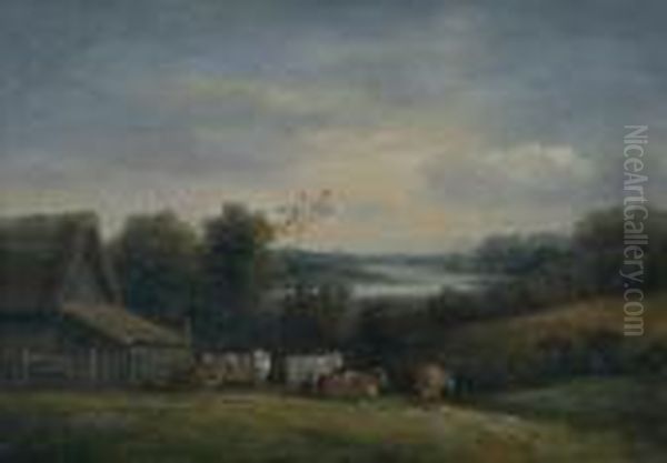 Cattle Beside A Barn In A River Landscape, Signed, Oil On Panel Oil Painting by John Moore Of Ipswich