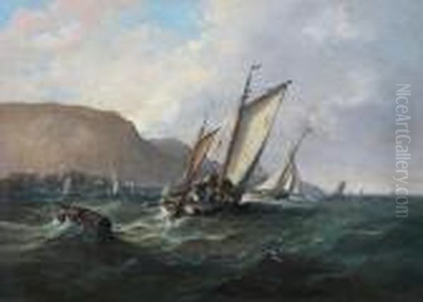 Fishing Boats In Choppy Seas Off A Port Oil Painting by John Moore Of Ipswich