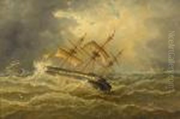 Rigged Ship In Rough Seas Oil Painting by John Moore Of Ipswich