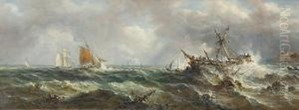 Boats In Rough Seas Off The Coast Oil Painting by John Moore Of Ipswich