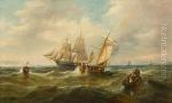 Sailing Vessels Off The Coast Oil Painting by John Moore Of Ipswich