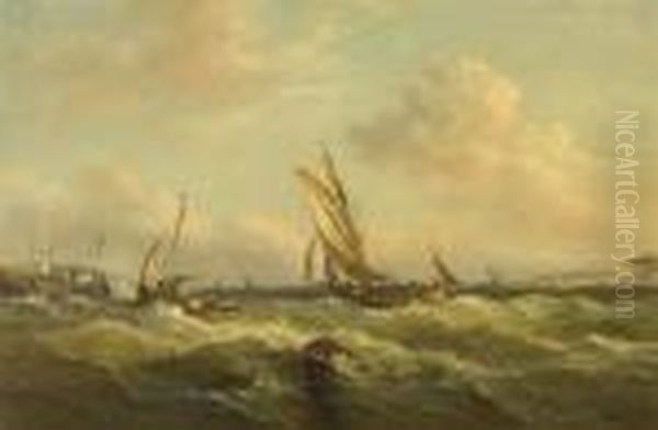 Fishing Vessles Off A Coastline Oil Painting by John Moore Of Ipswich