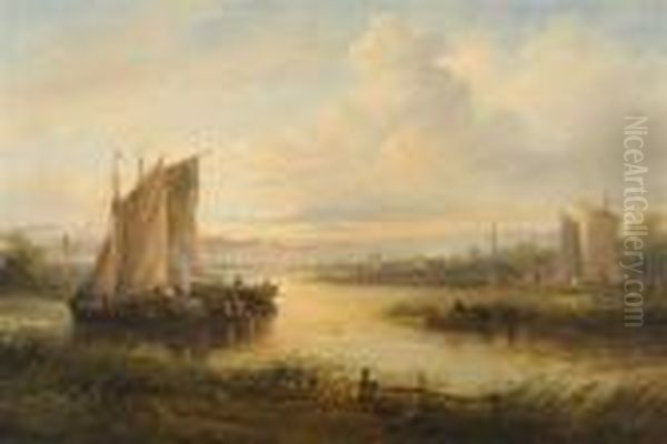 Fishing Vessels At Anchor - Sunset Oil Painting by John Moore Of Ipswich