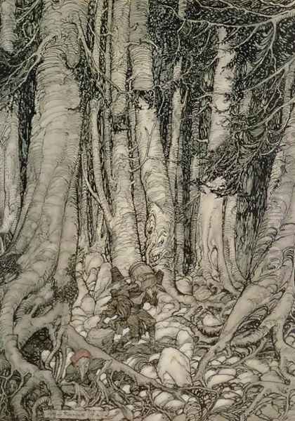 In the Forest with a Barrel from Rip Van Winkle written by Washington Irving 1783-1859, 1905 Oil Painting by Arthur Rackham