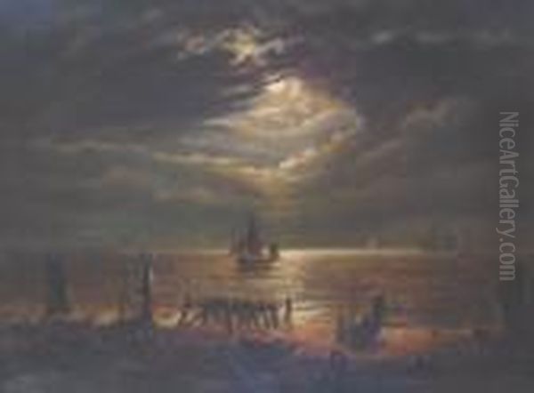 Moonlit Scene At Harwich Oil Painting by John Moore Of Ipswich