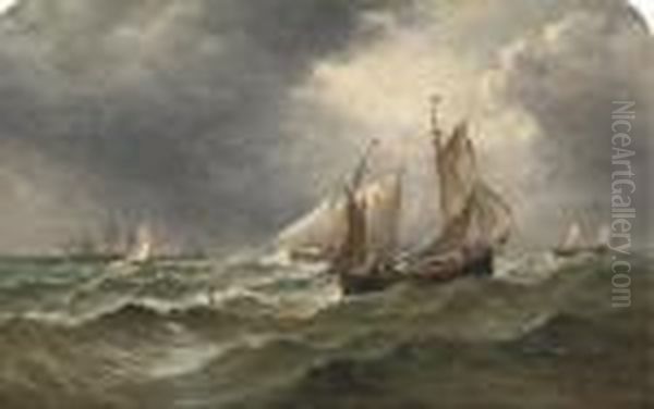 The Fishing Fleet In Choppy Seas Oil Painting by John Moore Of Ipswich