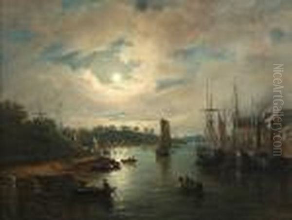 Ipswich Docks By Moonlight Oil Painting by John Moore Of Ipswich