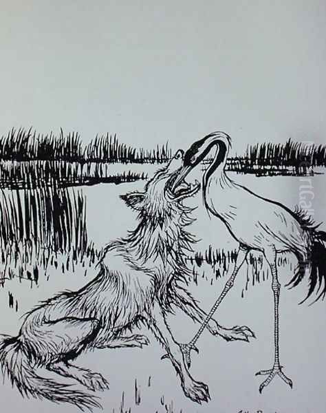 The Wolf and the Crane, illustration from Aesops Fables, published by Heinemann, 1912 Oil Painting by Arthur Rackham