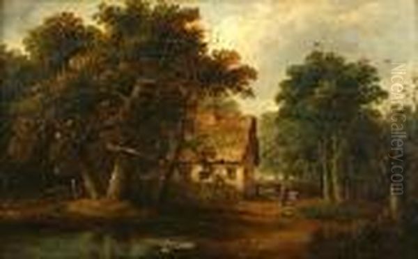 Figures Before A Thatched Cottage In Woodland Oil Painting by John Moore Of Ipswich