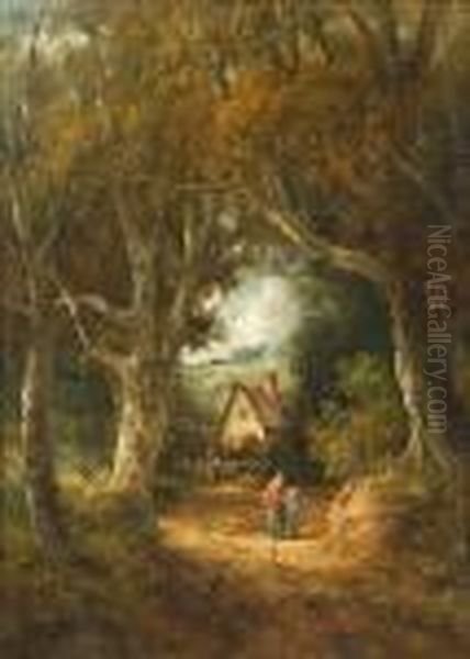 Figures In A Country Lane, Possibly Gainsborough Lane Oil Painting by John Moore Of Ipswich