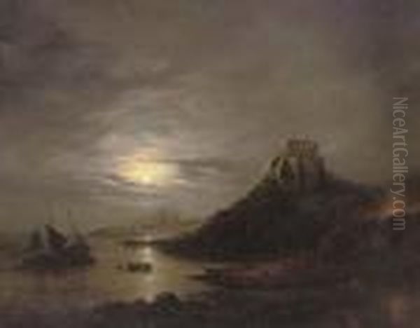 Lindisfarne Castle And Abbey, Holy Island, By Moonlight Oil Painting by John Moore Of Ipswich