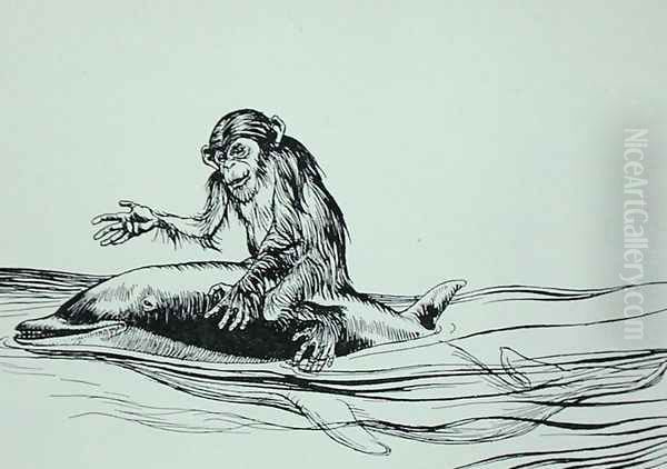 The Monkey and the Dolphin, illustration from Aesops Fables, published by Heinemann, 1912 Oil Painting by Arthur Rackham