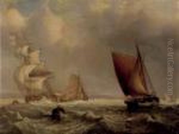 Fishing Boats Off A Coast Oil Painting by John Moore Of Ipswich