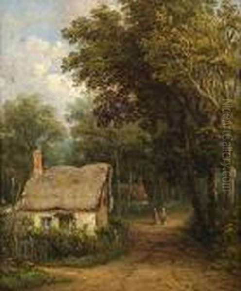 Figures On A Path By A Woodland Cottage Oil Painting by John Moore Of Ipswich