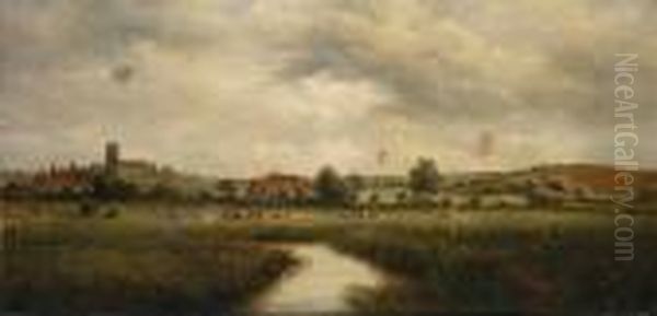 Cattle In A Field With Houses And Church Beyond Oil Painting by John Moore Of Ipswich