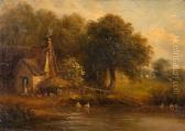 Ducks On A Pond By A Woodland Cottage Oil Painting by John Moore Of Ipswich