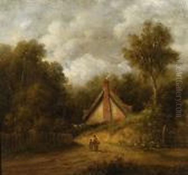 Figures On A Path By A Woodland Cottage Oil Painting by John Moore Of Ipswich