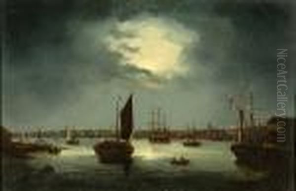 West Cut, Ipswich, By Moonlight Oil Painting by John Moore Of Ipswich