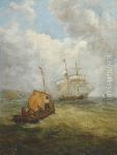 Boats Off The Coast On A Blustery Day Oil Painting by John Moore Of Ipswich