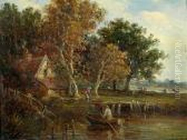 Dinghy Before A Cottage Oil Painting by John Moore Of Ipswich