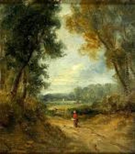 Figure On A Country Path With A River Beyond Oil Painting by John Moore Of Ipswich