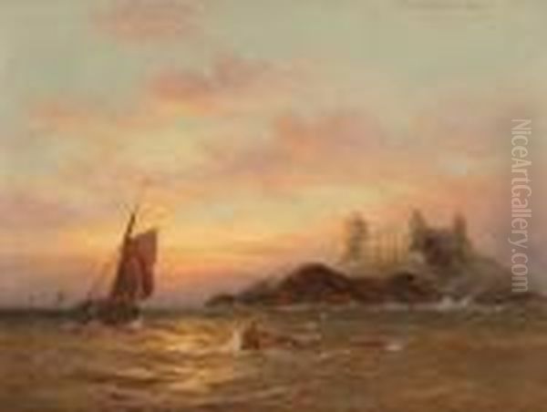 Boat Off A Rocky Coast Oil Painting by John Moore Of Ipswich