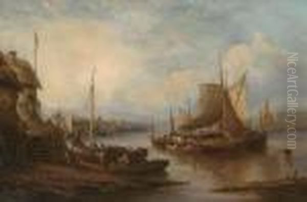 Barges On An East Anglian River At Dusk Oil Painting by John Moore Of Ipswich