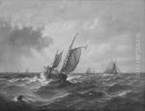 Fishing Boats And Other Vessels In A Choppy Sea Oil Painting by John Moore Of Ipswich