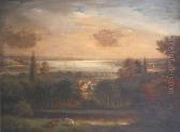 The Deben From Woodbridge With A Train In The Foreground Oil Painting by John Moore Of Ipswich