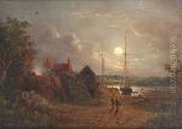 Figures Walking Towards A Moored Boat At Dusk Oil Painting by John Moore Of Ipswich