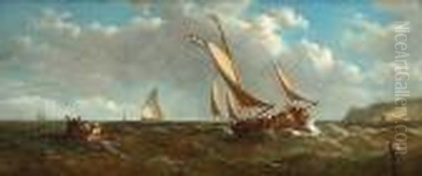 Shipping Close To Shore In A Choppy Sea Oil Painting by John Moore Of Ipswich